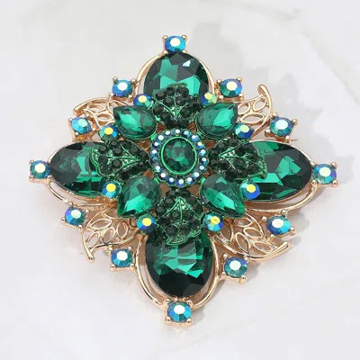 Fashnzfab Bold Vintage Floral Rhinestone Pin Brooch In Green