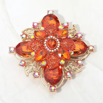 Fashnzfab Bold Vintage Floral Rhinestone Pin Brooch In Red