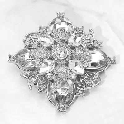 Fashnzfab Bold Vintage Floral Rhinestone Pin Brooch In Silver