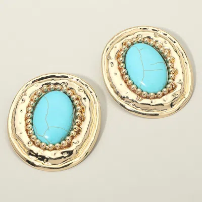 Fashnzfab Bold Western Oval Turquoise Stone Center Beaded Frame Statement Earrings In Blue