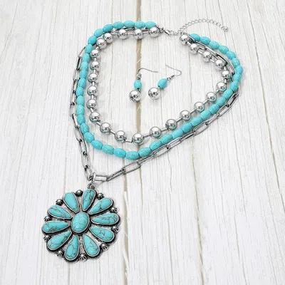 Fashnzfab Bold Western Turquoise Floral Concho Pendant Multi Layered Chain Necklace In Blue