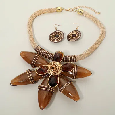 Fashnzfab Bold Wire Wrap Floral Center Statement Necklace In Brown