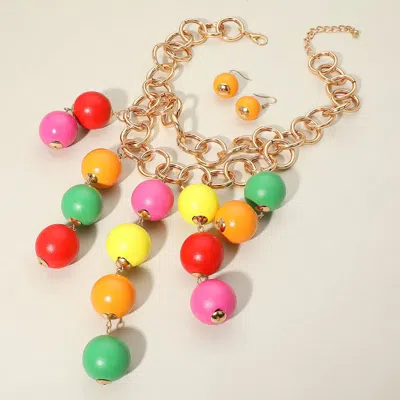Fashnzfab Bold Wooden Ball Beaded Chandelier Statement Necklace In Gold