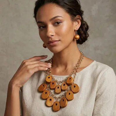 Fashnzfab Bold Wooden Geometric Charm Station Layered Statement Necklace In Multi