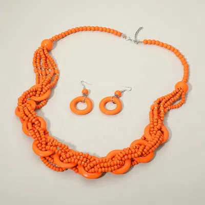 Fashnzfab Bold Wooden Ring Layered Twisted Beaded Statement Long Necklace In Orange