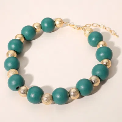 Fashnzfab Bold Wooden Textured Metal Ball Beaded Statement Necklace In Green