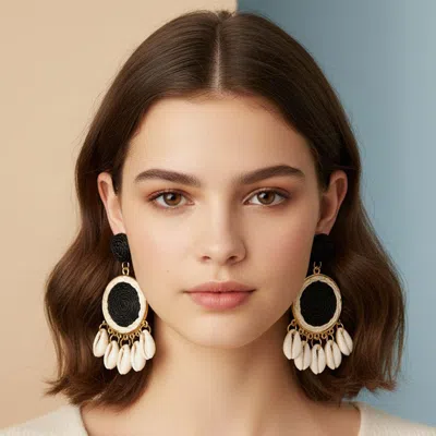 Fashnzfab Bold Woven Raffia Disc Shell Charm Drop Statement Earrings In Black