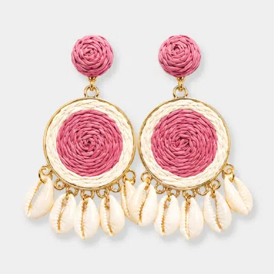 Fashnzfab Bold Woven Raffia Disc Shell Charm Drop Statement Earrings In Pink