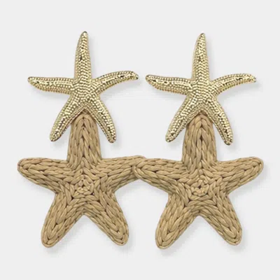 Fashnzfab Bold Woven Raffia Double Starfish Link Drop Statement Earrings In Brown