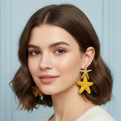 Fashnzfab Bold Woven Raffia Double Starfish Link Drop Statement Earrings In Yellow