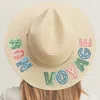 Fashnzfab Bon Voyage Sequin Message Straw Panama Sun Hat In Sand