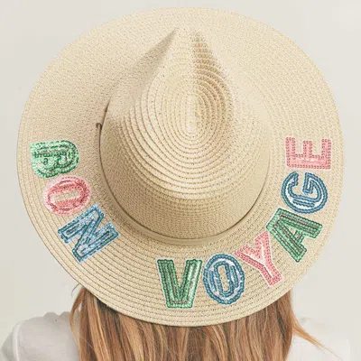 Fashnzfab Bon Voyage Sequin Message Straw Panama Sun Hat In Sand