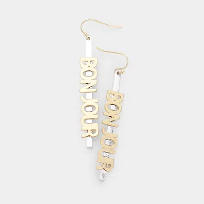 Fashnzfab Bonjour Drop Bar Earrings In Gold