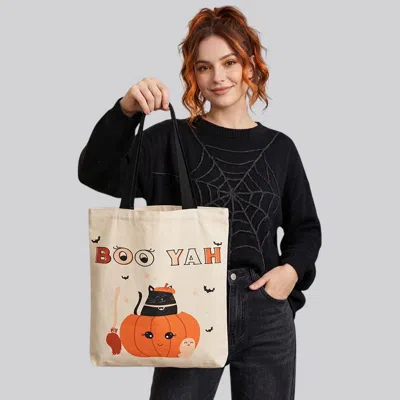 Fashnzfab Boo Yah Halloween Pumpkin Black Cat Character Printed Shoulder Tote Bag