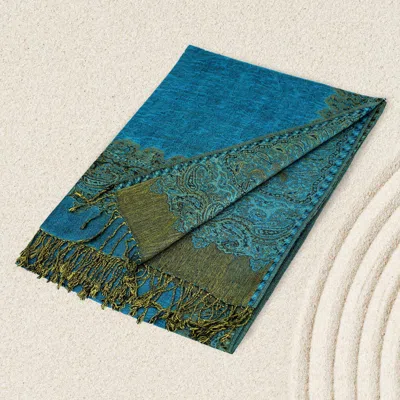 Fashnzfab Border Pashmina Scarf Shawl With Fringe In Blue