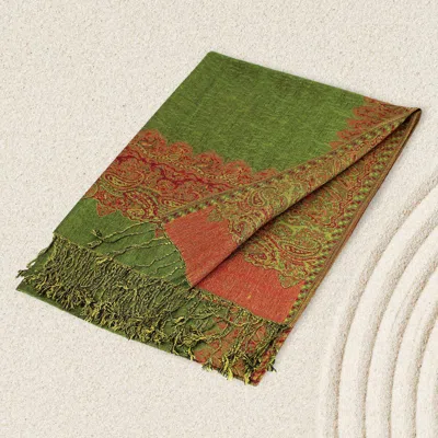 Fashnzfab Border Pashmina Scarf Shawl With Fringe In Green