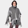 Fashnzfab Bordered Fringe Open Cape Ruana Poncho In Gray