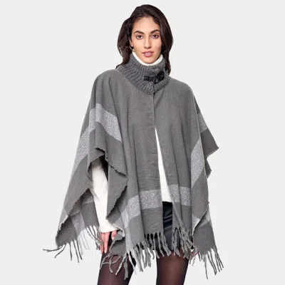 Fashnzfab Bordered Fringe Open Cape Ruana Poncho In Gray