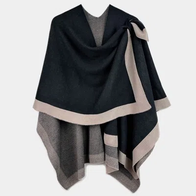 Fashnzfab Bordered Ruana Poncho With Shoulder Strap In Black