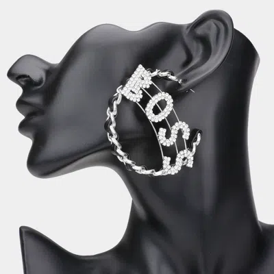 Fashnzfab Boss Message Accented Faux Leather Chain Hoop Earrings - Rhodium In Metallic