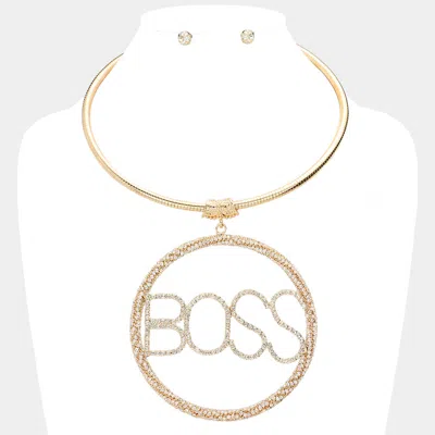 Fashnzfab Boss Rhinestone Embellished Message Open Circle Pendant Necklace In Gold