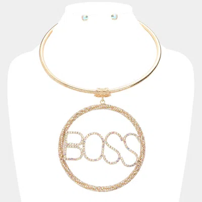 Fashnzfab Boss Rhinestone Embellished Message Open Circle Pendant Necklace In Multi