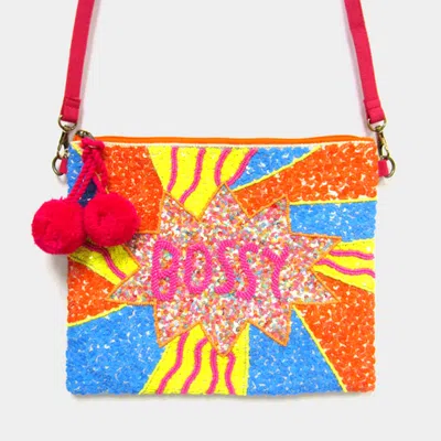 Fashnzfab Bossy Seed Beaded Pom Pom Clutch/crossbody Bag In Multi
