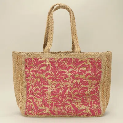 Fashnzfab Botanical Leaf Pattern Straw Woven Tote Bag In Pink