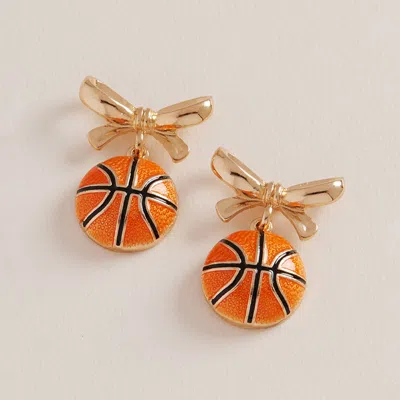 Fashnzfab Bow Accent Basketball Dangle Earrings - Gold, Orange In Multi