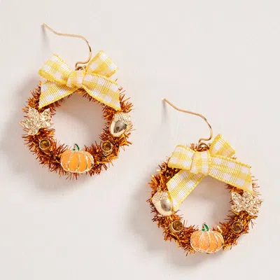 Fashnzfab Bow Accent Fall Leaf Pumpkin Wreath Dangle Earrings In Gold