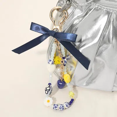 Fashnzfab Bow Accent Floral Heart Pearl Ceramic Ball Beaded Keychain Bag Charm In Multi