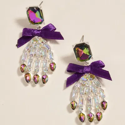 Fashnzfab Bow Accent Glass Stone Skeleton Hand Dangle Earrings In Purple