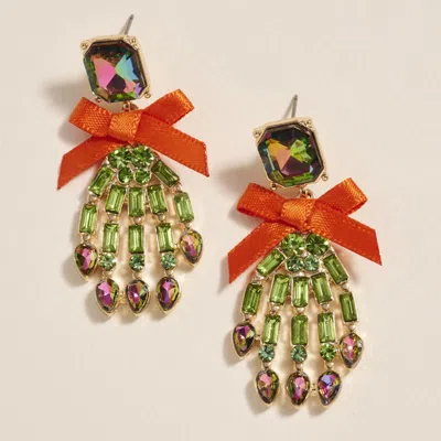 Fashnzfab Bow Accent Glass Stone Skeleton Hand Dangle Earrings In Red