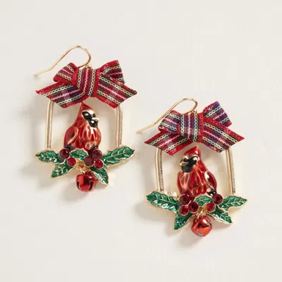 Fashnzfab Bow Accent Holiday Cardinal Bell Dangle Earrings In Gold