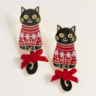 Fashnzfab Bow Accent Holiday Sweater Black Cat Earrings In Red