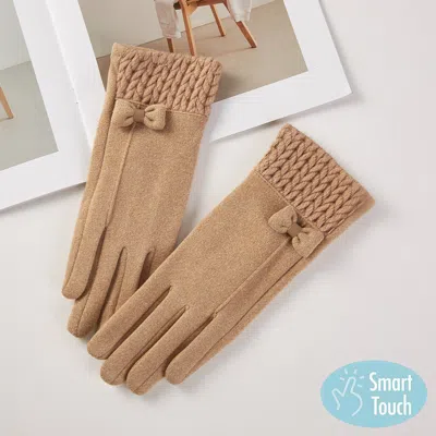 Fashnzfab Bow Accent Knit Cuff Smart Touch Gloves In Brown