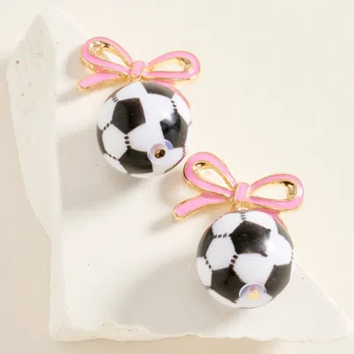 Fashnzfab Bow Accent Soccer Ball Drop Dangle Earrings In White