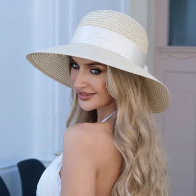 Fashnzfab Bow Accent Wide Brim Straw Sun Hat In Sand
