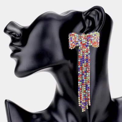 Fashnzfab Bow Accented Rhinestone Long Drop Evening Earrings In Blue