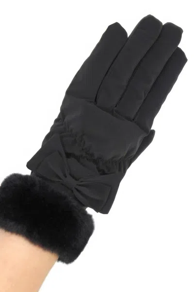 Fashnzfab Bow And Faux Fur Cuff Fleece Smart Touch Gloves In Black