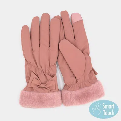 Fashnzfab Bow And Faux Fur Cuff Fleece Smart Touch Gloves In Brown