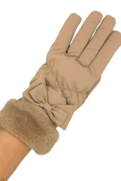 Fashnzfab Bow And Faux Fur Cuff Fleece Smart Touch Gloves In Gray
