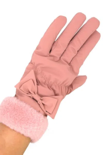 Fashnzfab Bow And Faux Fur Cuff Fleece Smart Touch Gloves In Pink