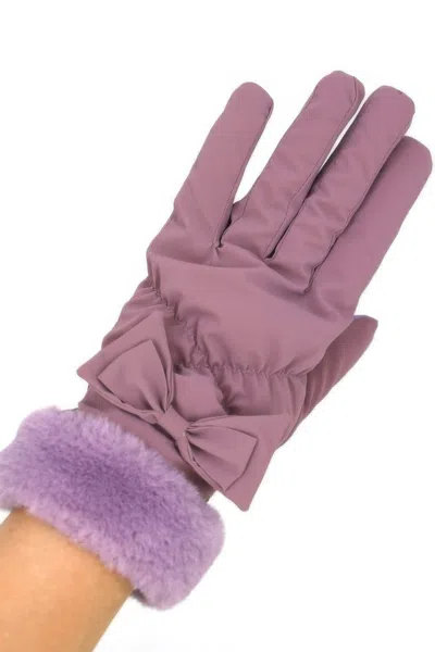 Fashnzfab Bow And Faux Fur Cuff Fleece Smart Touch Gloves In Purple