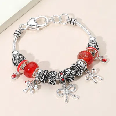 Fashnzfab Bow Charm Multi Bead Bracelet Antique Silver, Red