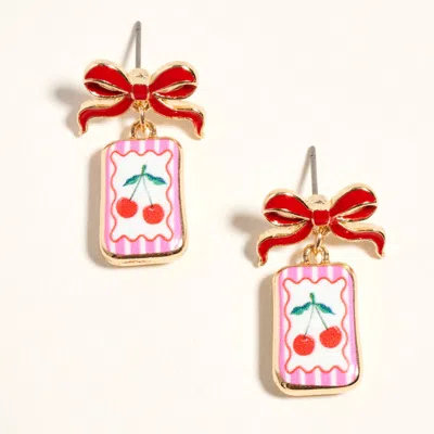 Fashnzfab Bow Cherry Print Rectangle Frame Drop Earrings In Multi