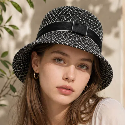Fashnzfab Bow Detail Woven Summer Bucket Hat In Black