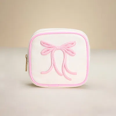Fashnzfab Bow Embroidered Square Canvas Pouch Bag / Organizer In Multi
