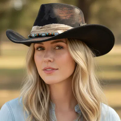 Fashnzfab Bow Feather Accent Beaded Band Rustic Vintage Distressed Western Cowgirl Fedora Hat In Black