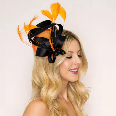 Fashnzfab Bow Feather Mesh Fascinator Hair Clip Headband In Orange